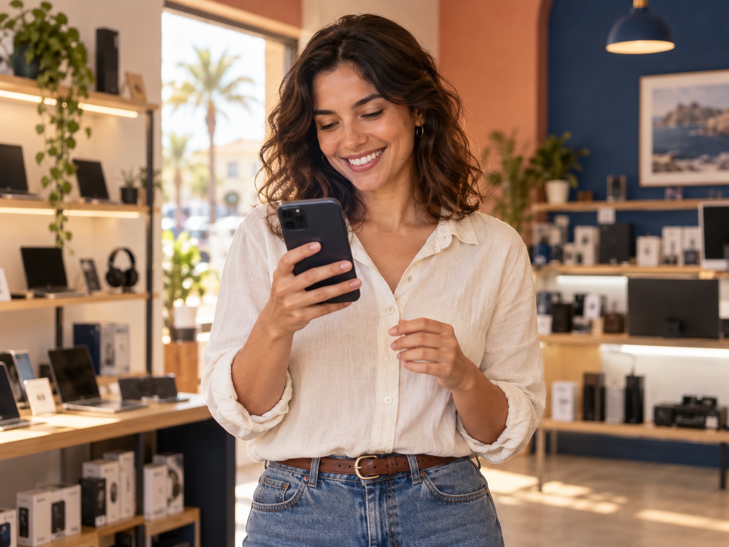 Una mujer sonríe mientras usa su móvil en una tienda de tecnología